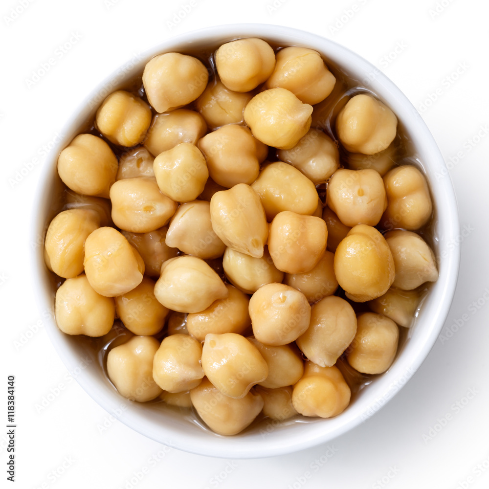 Cooked chickpeas in white bowl isolated on white from above. Cooked chickpeas in white bowl isolated on white from above.