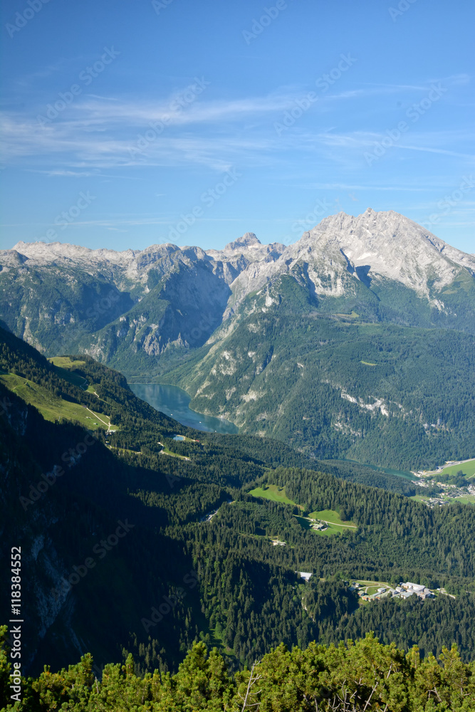 Konig see view and Bavarian alpine mountains
