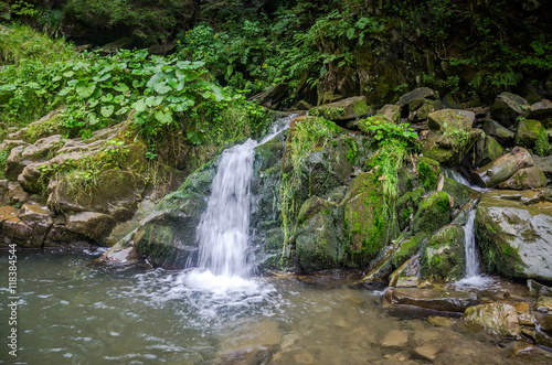 Mountain river with waterfall and rocks at national park in the Skole Beskids near Lviv