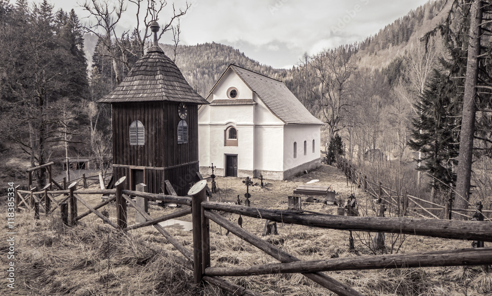 Obraz premium Wooden church at village Cierny Vah, Slovakia