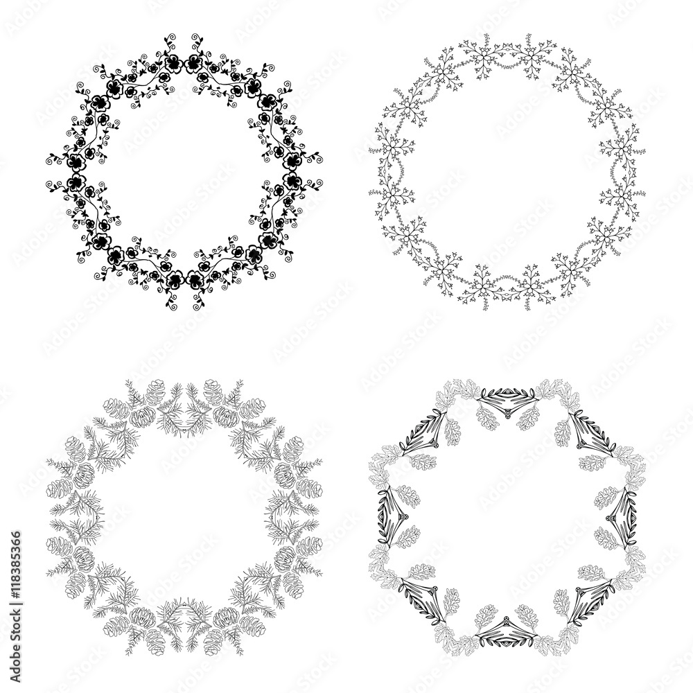 The set of hand-drawn wreaths The set of hand-drawn wreaths