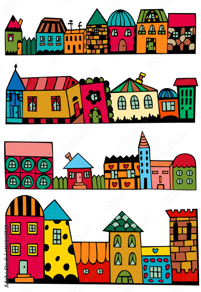 Town banners with bright cartoon houses. 