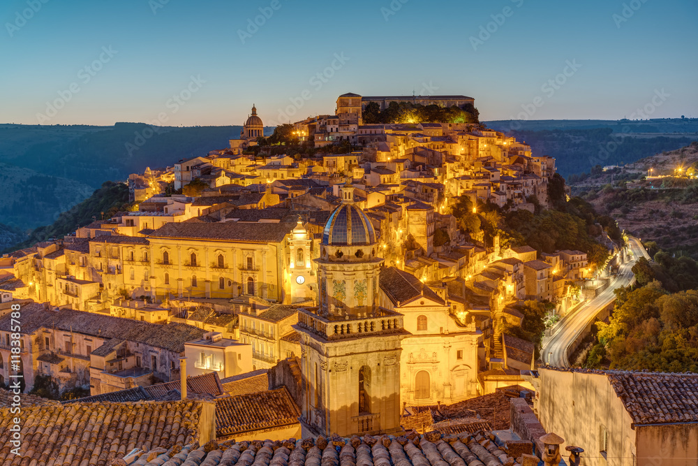 The old town of Ragusa Ibla in Sicily before sunrise