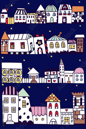 Town banners with cartoon houses