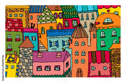 Bright card with cartoon houses.
