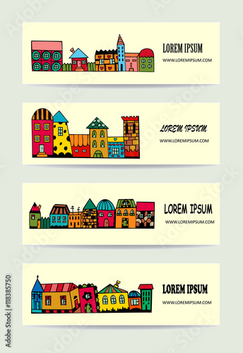 Town banners with bright cartoon houses