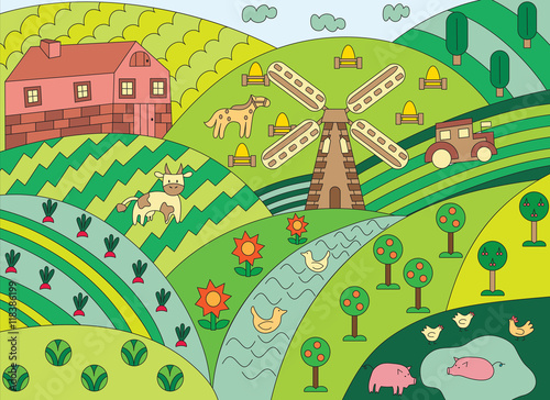 Thin line flat design of village