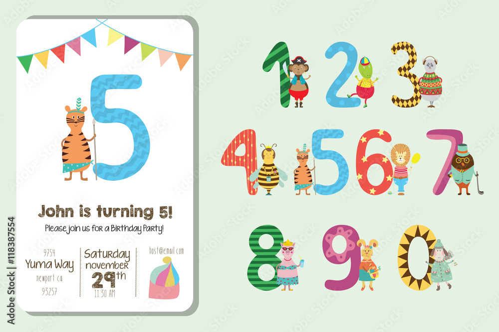 Naklejka premium Kids birthday invitation and numbers.