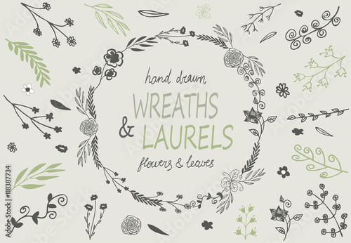 The set of hand-drawn vector decorative elements