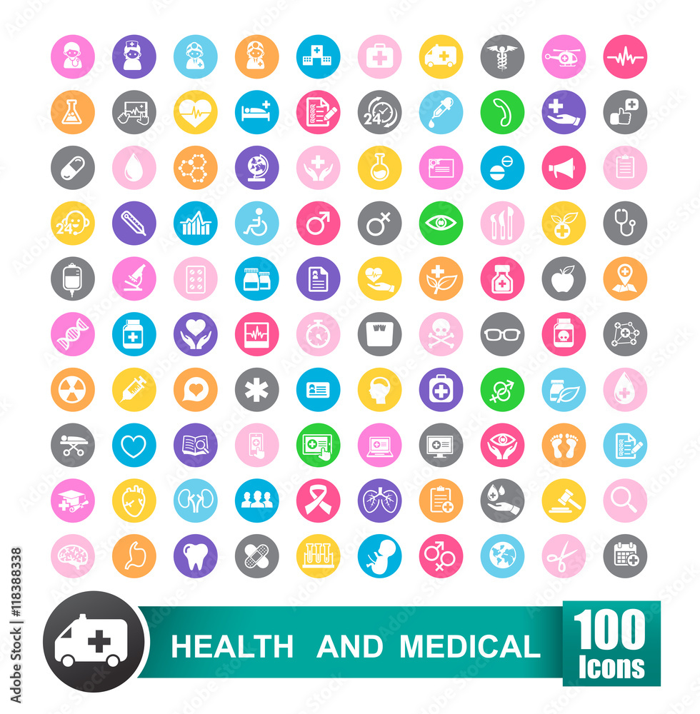 Set of 100 icons of health and medical with circle color backgro