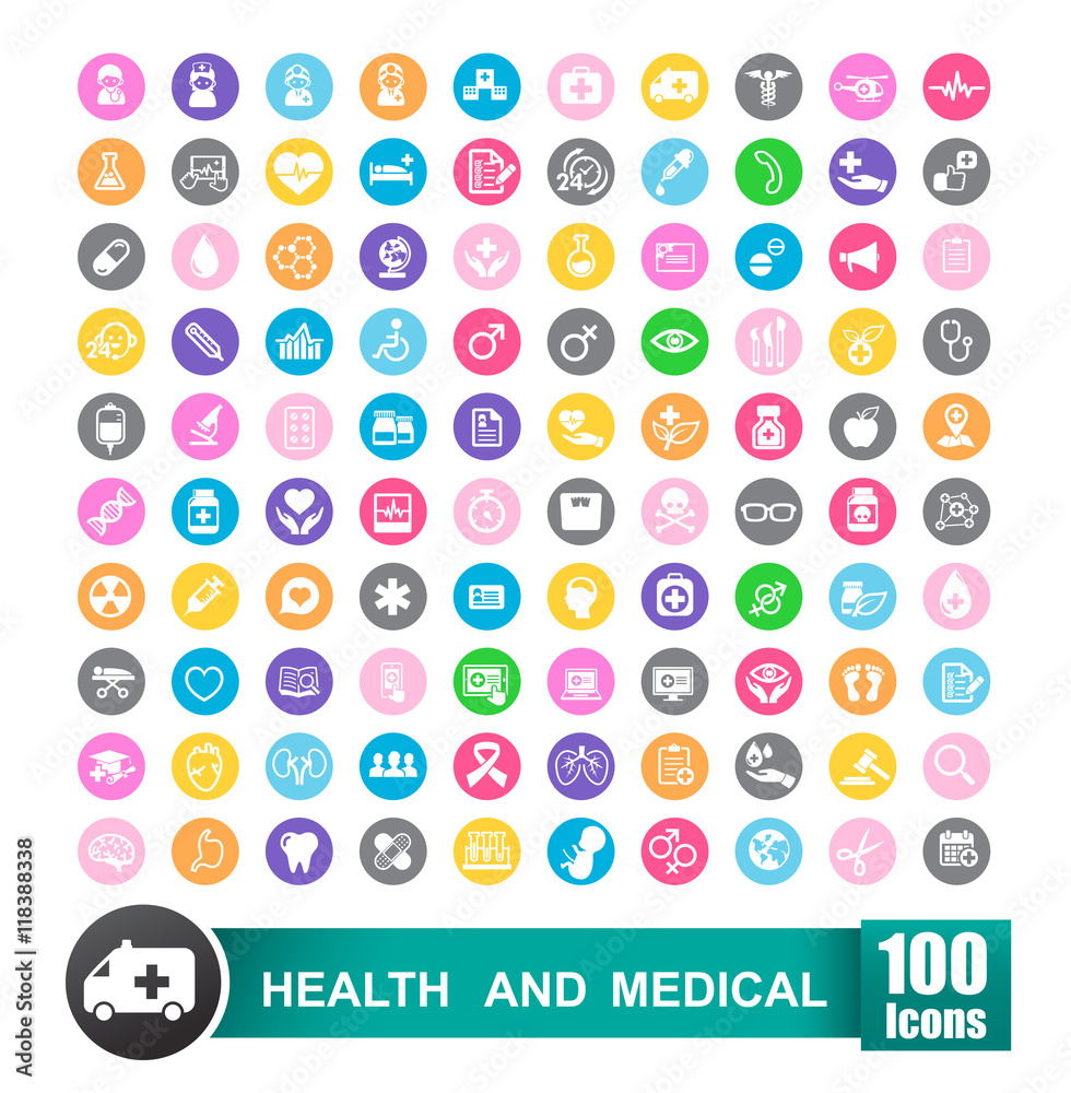 Set of 100 icons of health and medical with circle color backgro Set of 100 icons of health and medical with circle color backgro