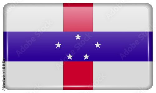Flags Netherlands Antilles in the form of a magnet on refrigerator with reflections light. Vector