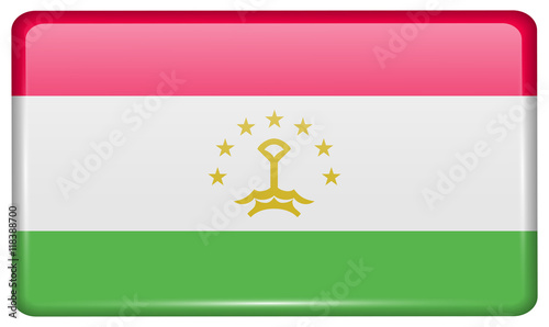 Flags Tajikistan in the form of a magnet on refrigerator with reflections light. Vector