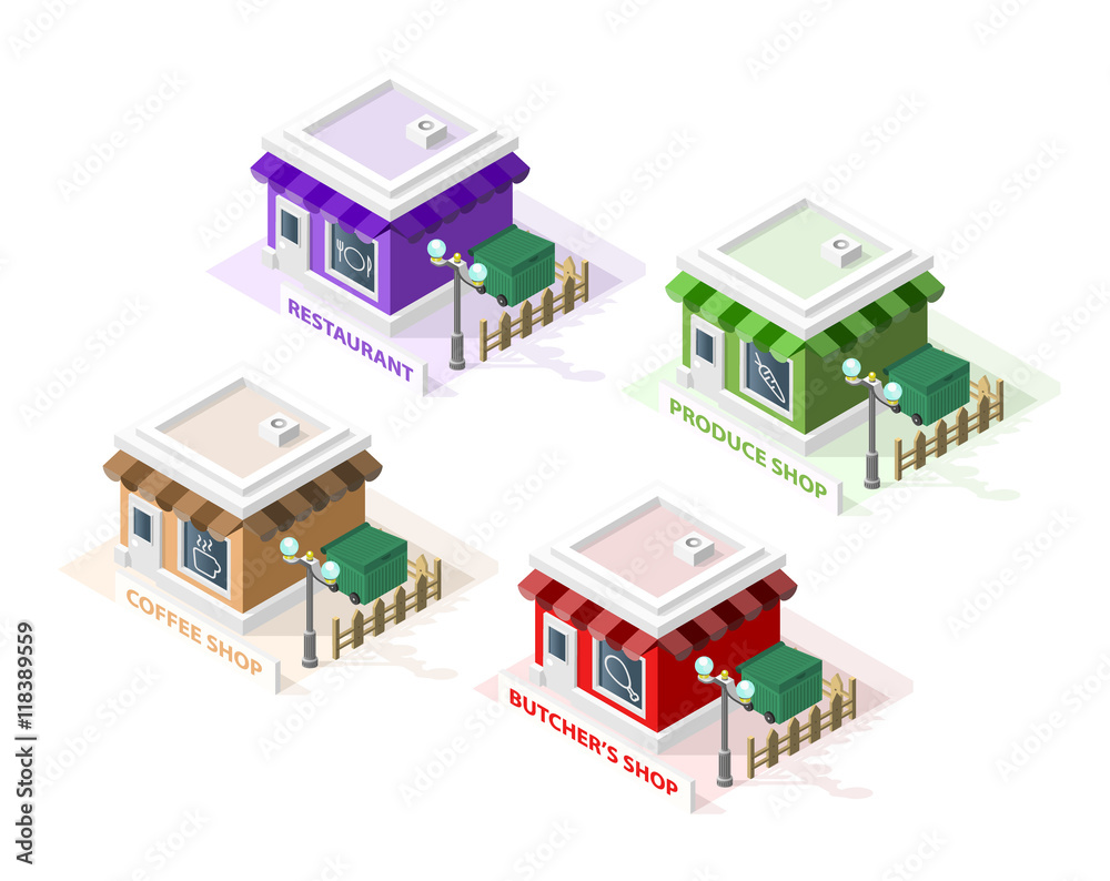 Isometric High Quality City Element with 45 Degrees Shadows on White Background. Restaurant , Coffee Shop , Produce Shop and Butcher's Shop.