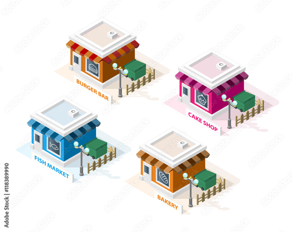 Isometric High Quality City Element with 45 Degrees Shadows on White Background. Burger bar , Cake Shop , Fish Market and Bakery