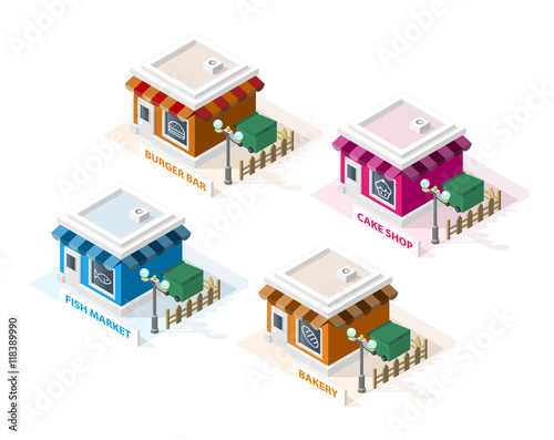 Isometric High Quality City Element with 45 Degrees Shadows on White Background. Burger bar , Cake Shop , Fish Market and Bakery