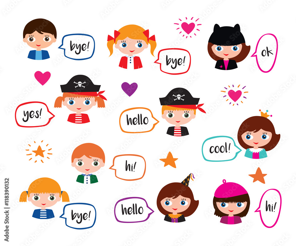 Set of schoolgirls and schoolboys with speech bubbles. Isolated on the white background. Doodles, sketch for your design. Vector. Set of schoolgirls and schoolboys with speech bubbles. Isolated on the white background. Doodles, sketch for your design. Vector.