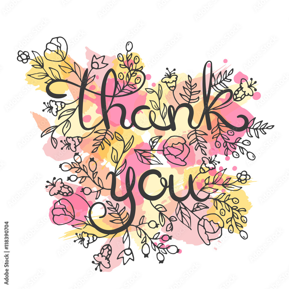 Thank you card. Hand drawn lettering design. Greeting card with flowers ...