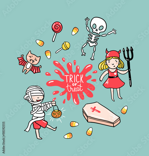 Halloween greeting card with children in costumes and stylish lettering - trick or treat. Holiday vector  background with skeleton  zombie and bat.