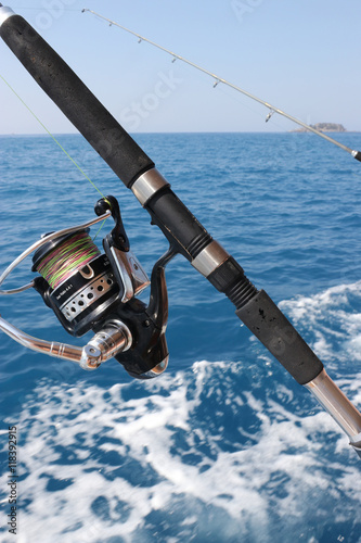 A fishing rod on the back of a fishing boat during a fishing trip in turkey, 2016