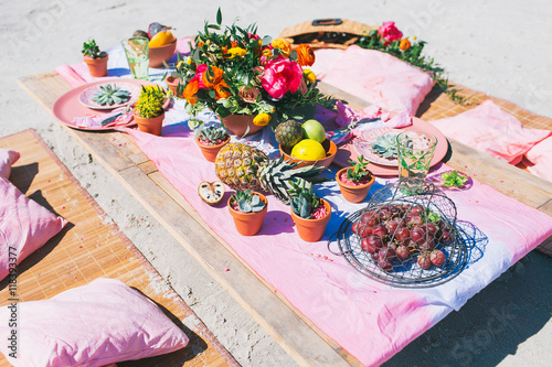 Decorated wedding table at the seashore