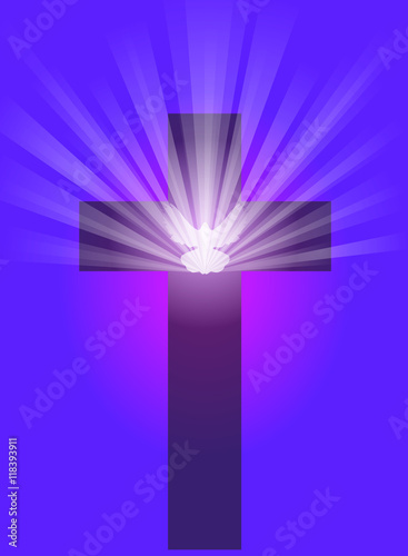 Vector illustration of a cross and a dove with radiant light rays, on a dark purple background.