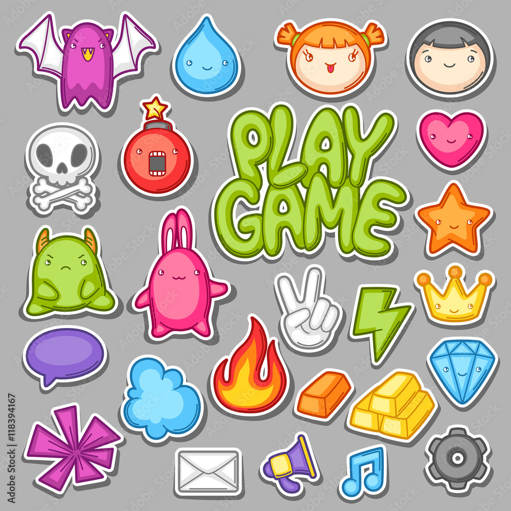 Game kawaii collection. Cute gaming design elements, objects and symbols