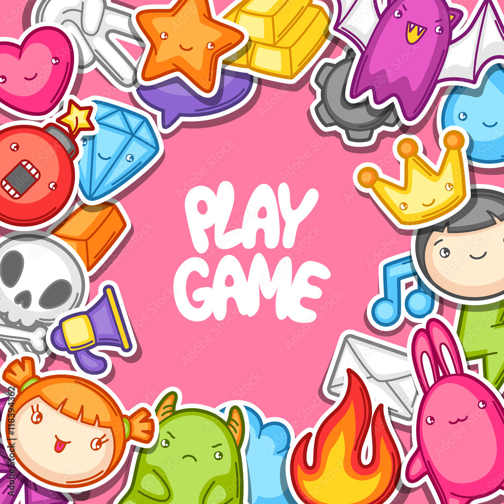 Game kawaii background. Cute gaming design elements, objects and symbols