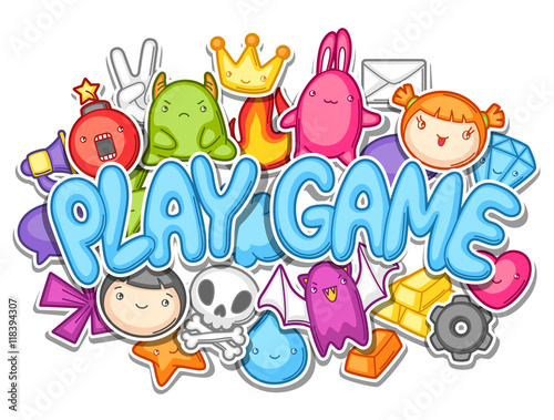 Game kawaii design. Cute gaming elements  objects and symbols