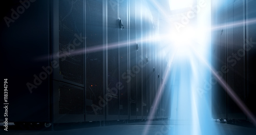 Bottom view of rack server against neon light in data center with dept of field © vladimircaribb
