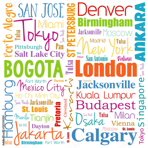 Cities in the world word cloud collage, travel destinations concept background photo
