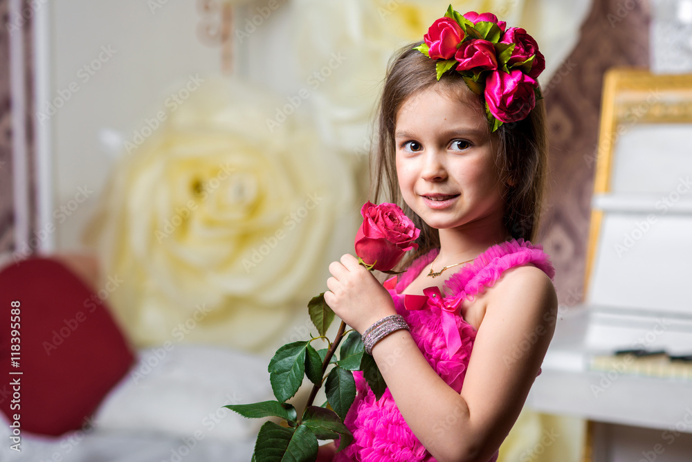 little girl beautiful dress with roses - obrazy, fototapety, plakaty 
