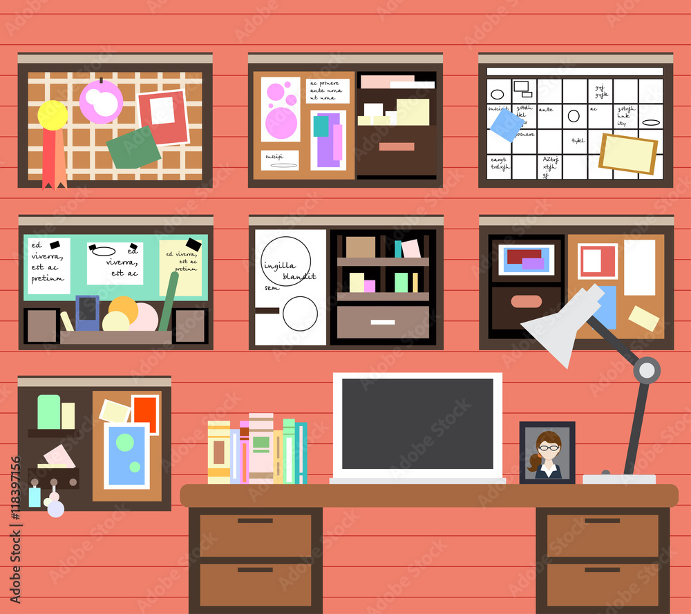 Fototapeta premium Workplace of man with the computer, lamp, books and many details. Vector