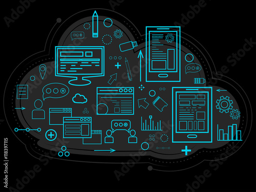 Cloud data is stored on the server, information about people, graphs, reports, the memory of work and settings. Documents. Linear design. Vector