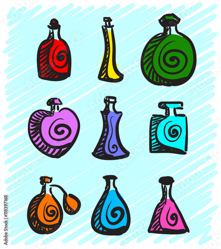 Set of colorful bottles with spirits hand-drawn on a blue background. Vector