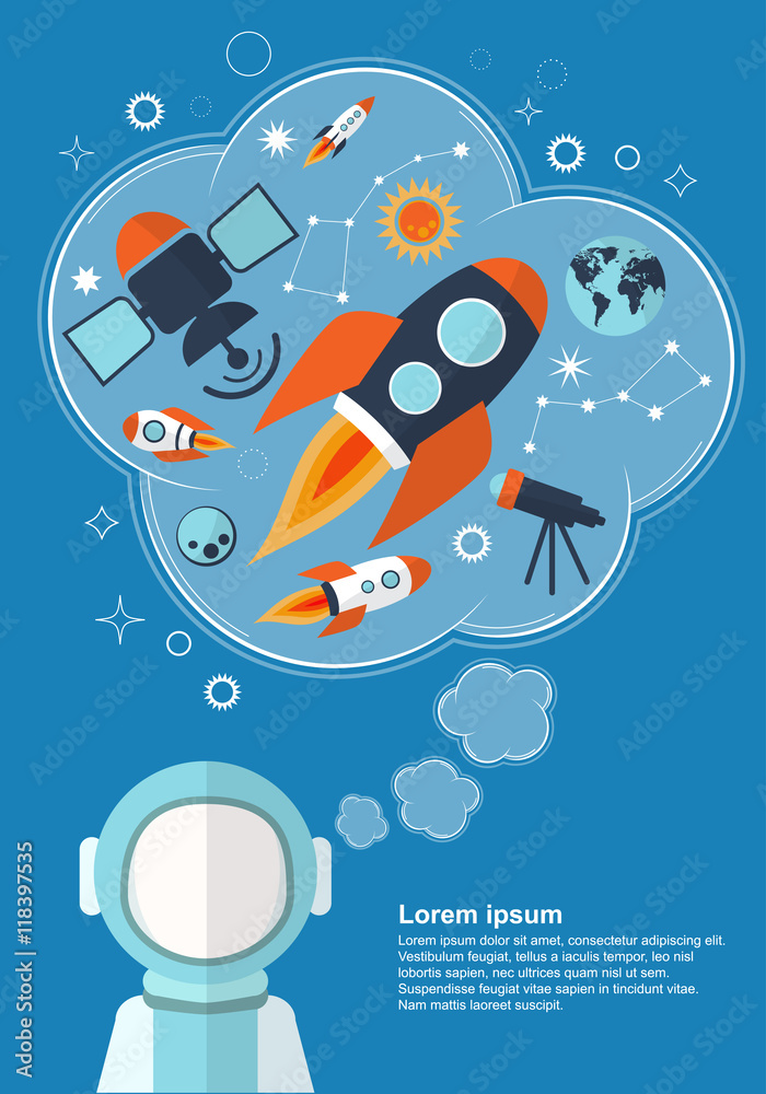 Astronaut who is thinking about rockets, stars and other objects with space for your text. Vector