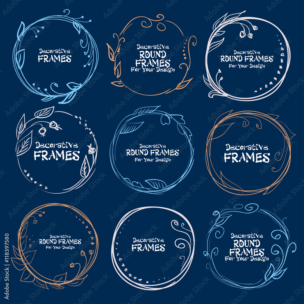 Set of decorative frames hand-drawn on a blue background. Vector