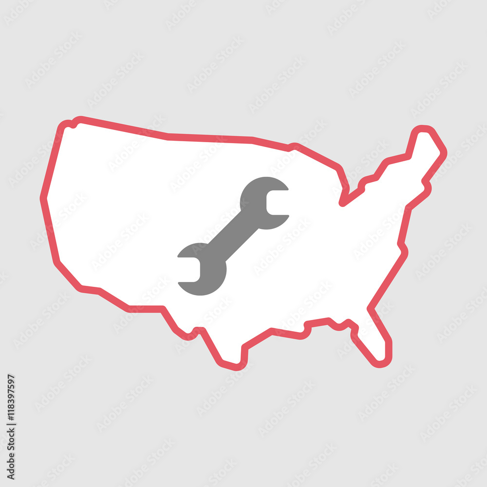 Isolated line art  USA map icon with a wrench