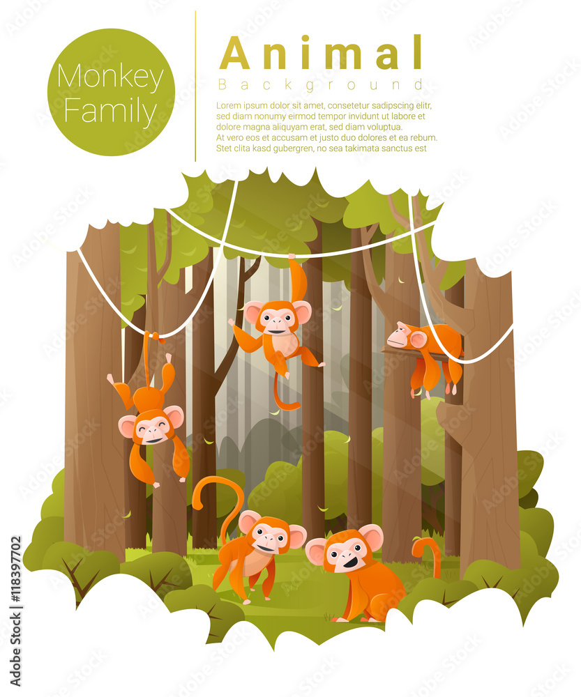 Obraz premium Forest landscape background with Monkeys , vector , illustration