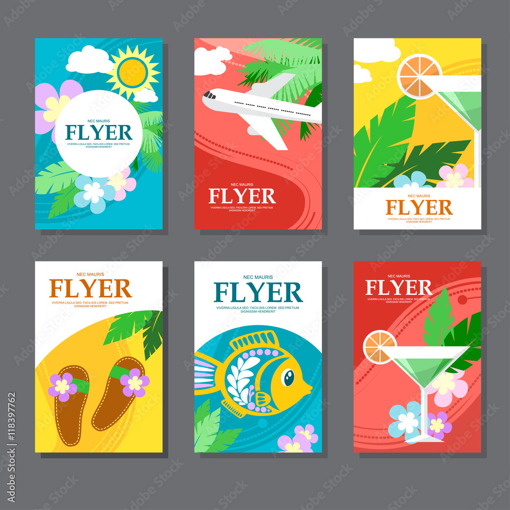 Collection of brightly colored rectangular card on travel and leisure. Flat style. Vector Collection of brightly colored rectangular card on travel and leisure. Flat style. Vector