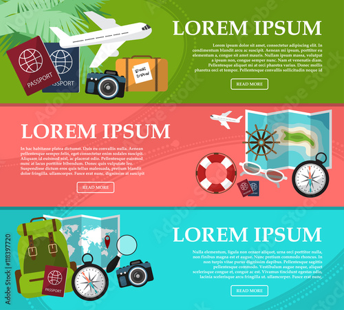 Set of horizontal banners on trips with space for your text. Travel,tourism vector illustration in flat style. Vector