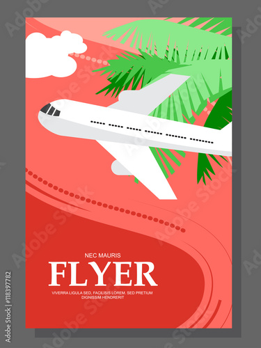 Flyer Sunny day. The plane takes passengers to the resort. With seagulls in the sky. Vector