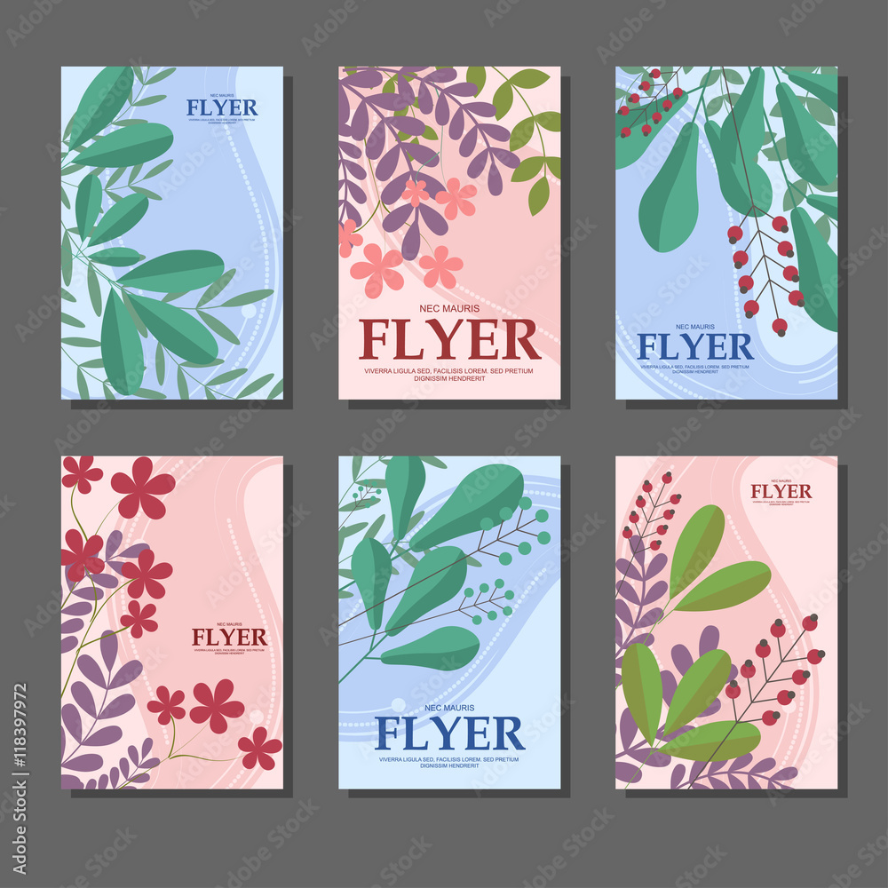 Set of blue and pink vertical cards with flowers, leaves, berries for your design. Vector