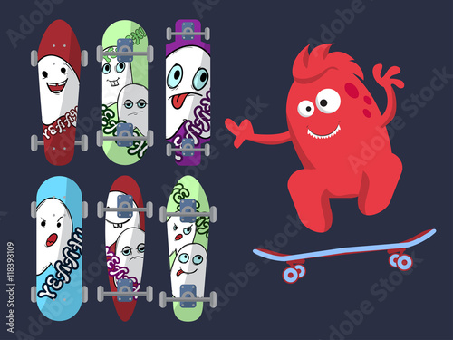 Six bright skateboard with pictures of cute ghosts on a dark background with a red monster. Vector