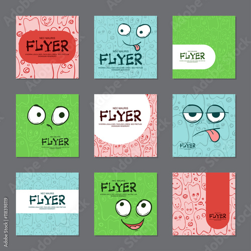 Collection of brightly colored postcards with funny faces. Vector