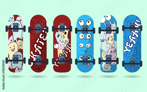 Collection of blue and red skateboard with monsters on a light background. Vector