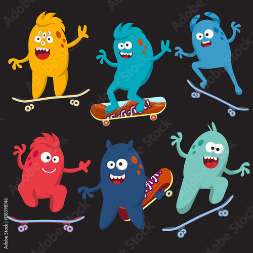 Set of cheerful and colorful cartoon monster who ride skateboards. Vector