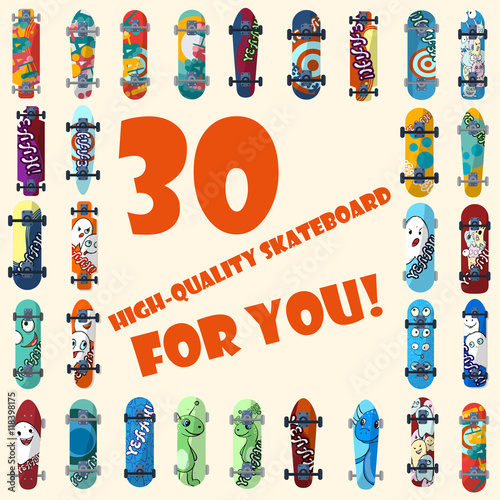 Big set of 30 high quality skateboards and skateboarding elements street style. Painted in bright figures in a cartoon. Vector