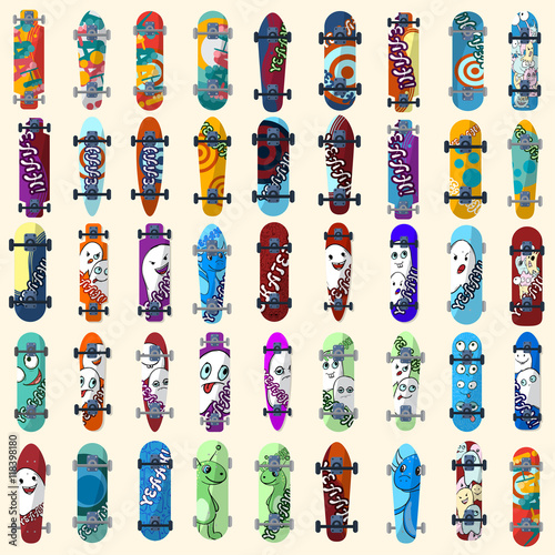 Big Set of skateboards and skateboarding elements street style. Painted in bright figures in a cartoon. Vector