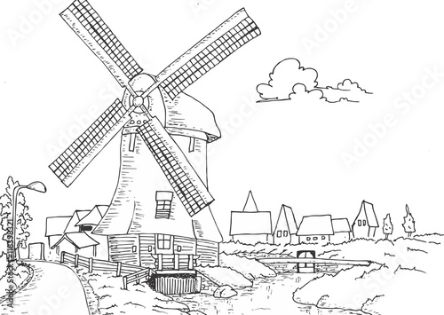 Windmill old retro vintage hand drawing illustration